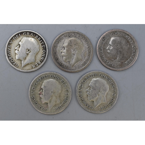 163 - A Selection of Five UK George V Silver Sixpence Coins (1921, 1925, 1926, 1934 and 1936).