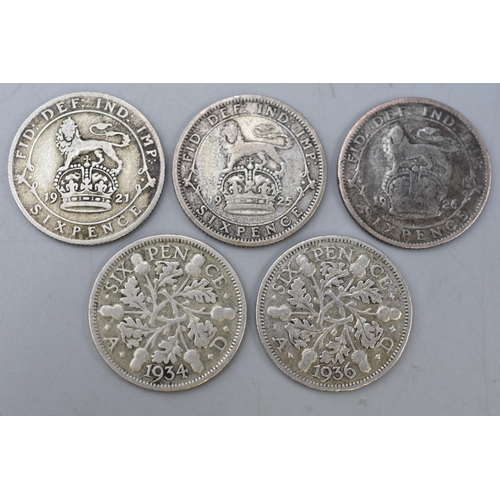 163 - A Selection of Five UK George V Silver Sixpence Coins (1921, 1925, 1926, 1934 and 1936).