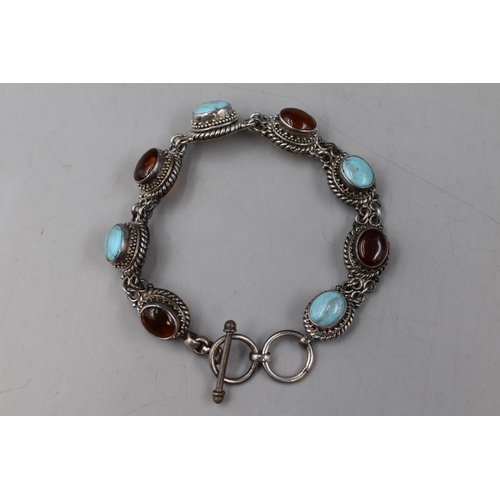 42 - Suarti Silver 925 Turquoise & Amber Stoned Bracelet Complete with Presentation Box