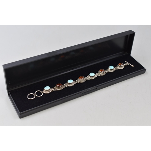 42 - Suarti Silver 925 Turquoise & Amber Stoned Bracelet Complete with Presentation Box