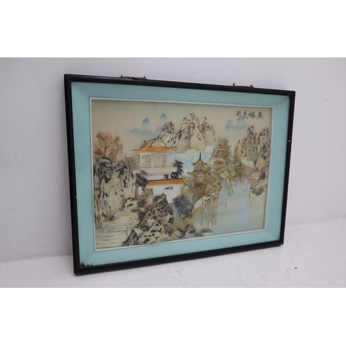 349 - Oriental Mother of Pearl Picture, Depicting a 3D Home on a mountain Scene in a shadow box with glass... 