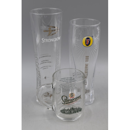 746 - Selection of 14 Cider/Lager Glasses to Include Strongbow, Fosters, Staropramen and Peroni