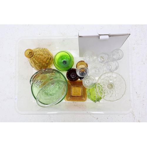 747 - A Selection of Mixed Glassware. Includes Amber Glass Decanter (No Stopper), Wine Glasses, Jelly Moul... 