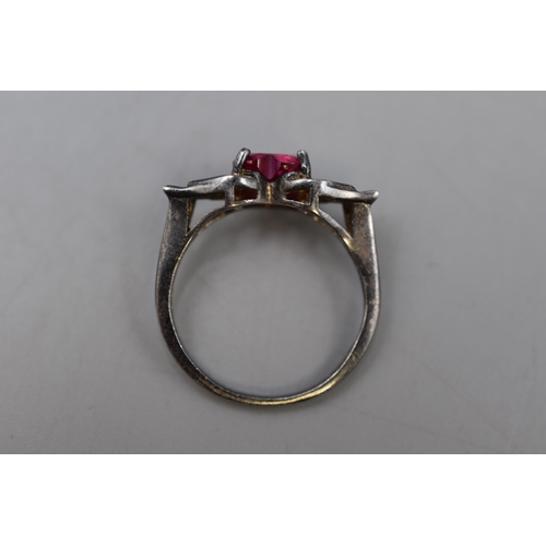 6 - A 925 Silver Pink Heart Stoned Ring With Angel Wings, Size N.