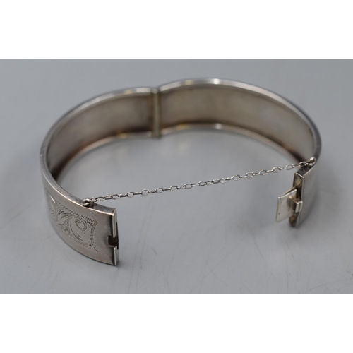 30 - Sterling Silver Etched Bangle Complete with Safety Chain