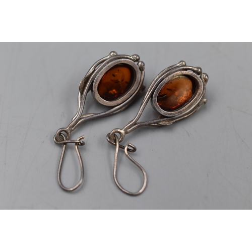 38 - Pair of Silver 925 Art Nouveau Style Amber Stoned Earrings