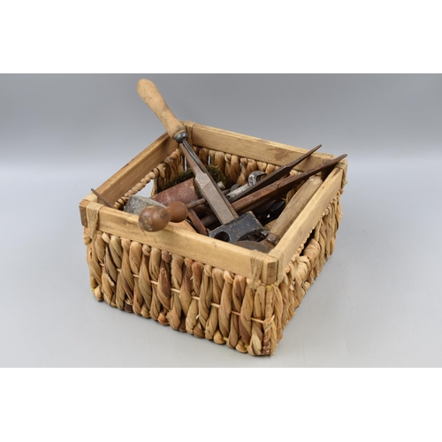 701 - A Selection of Vintage Tools In Rattan Basket. Includes Cobblers Last, Files, Spanners, Hammer Head ... 