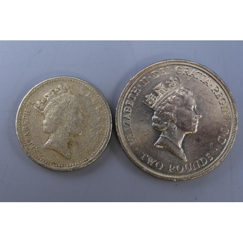 128 - Two Collectable UK Coins. Includes 1993 Old One Pound Coin and 1994 Bank of England Two Pound Cion.