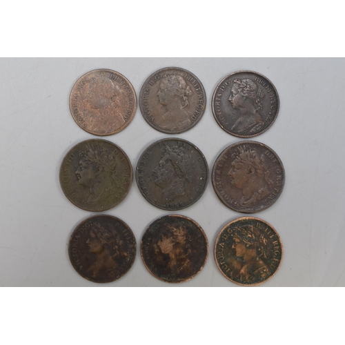 138 - Selection of George VI and Young Head Victoria Farthing Coins. 1822, 1825, 1829, 1860, 1879 and 1891... 