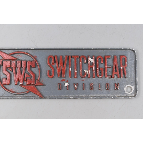 261 - A Vintage Aluminium 'South Wales Switchgear Transformer Division' Sign , Approx 3