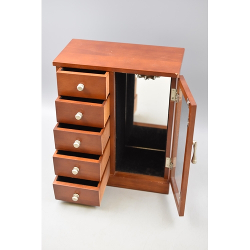 395 - Teak Jewellery Box with Five Drawers and One Mirrored Necklace Storage Display Section approx 12