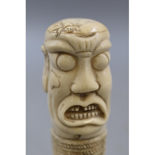 3 - Japanese Carved Bone Walking Cane Top, Signed to Reverse