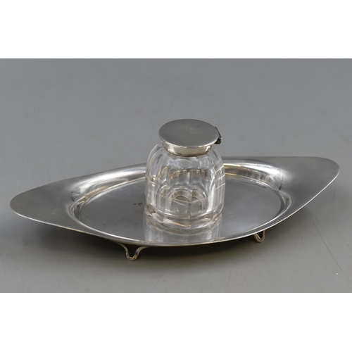 44 - Antique Silver Hallmarked Inkwell with Tray. Jar Approx. Height 6 cm. Tray Approx. 20cm.