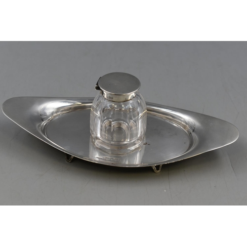 44 - Antique Silver Hallmarked Inkwell with Tray. Jar Approx. Height 6 cm. Tray Approx. 20cm.