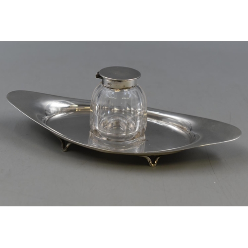 44 - Antique Silver Hallmarked Inkwell with Tray. Jar Approx. Height 6 cm. Tray Approx. 20cm.