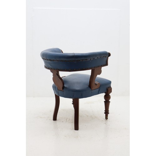 51 - Victorian Captain Chairs with blue Leather Seating and front ceramic castors