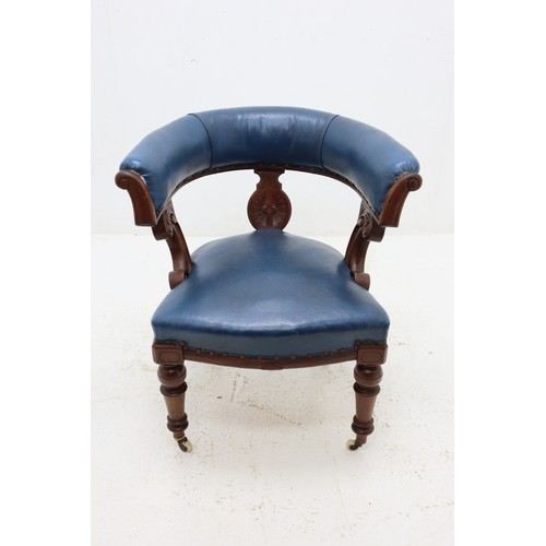 51 - Victorian Captain Chairs with blue Leather Seating and front ceramic castors