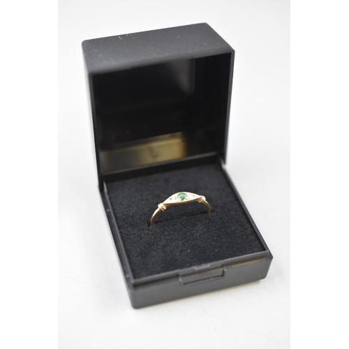 8 - Hallmarked Birmingham 375 (9ct) Gold and Emerald Stoned Ring (Size P) Complete with Presentation Box