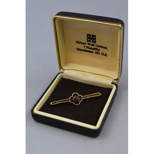 10 - Gold 9ct (375) Ruby Stoned Bar brooch Complete with Presentation Box (1.83 grams)