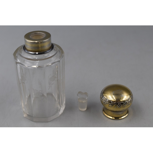 16 - A Hallmarked Chester Silver Bevel Edged Hand Mirror, With Vintage Etched Glass Perfume Bottle (With ... 