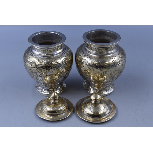 28 - Pair of Antique Silver Plated Tobacco Jars Decorated with Hand Engraved Detailing, Markings to the b... 