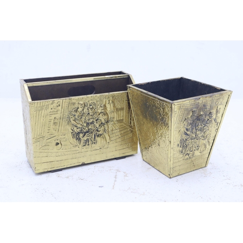 355 - A Brass Bound Magazine Rack Depicting Family Scene, With A Matching Brass Bound Bin.