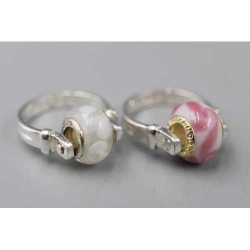 67 - Two Pandora 925. Silver 'Bead It' Rings, With White and Pink Charms. In Presentation Box.