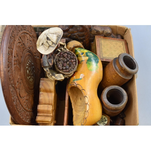 395 - A Selection of Wood Items. Includes Mother of Pearl Inlaid Oriental Toothpick Holder, Chateaux Marge... 