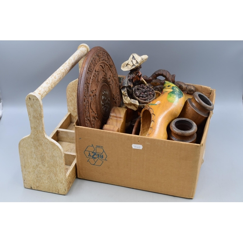 395 - A Selection of Wood Items. Includes Mother of Pearl Inlaid Oriental Toothpick Holder, Chateaux Marge... 