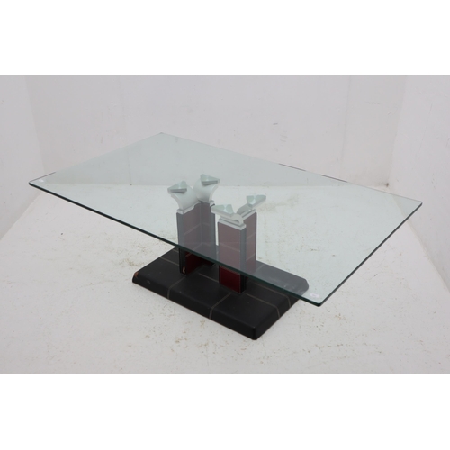 697 - Rectangular( Heavy) Smoked Glass Coffee Table on Faux Leather and Chrome Stand, approx 51