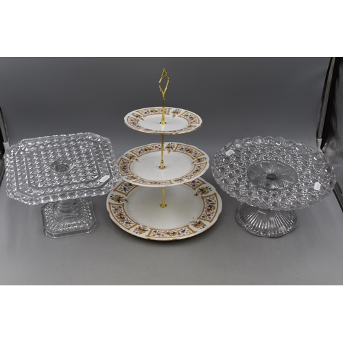 680 - A Selection of Three Cake Stands. Includes Two Cut Glass and A Three Tier Ceramic Cake Stand.