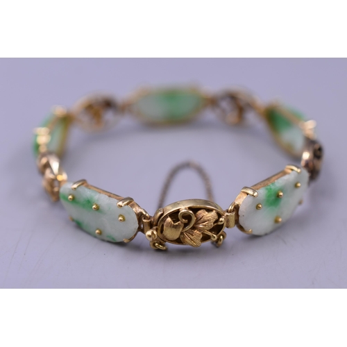 48 - A 14ct Gold Natural Etched Jade Bracelet With Safety Chain, In Presentation Box. With Matching Etche... 