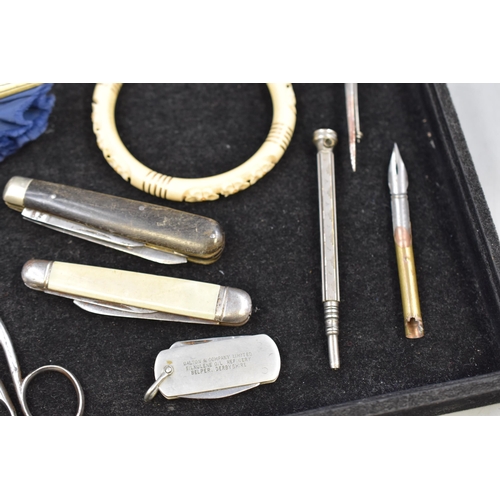 57 - A Selection of Vintage Items To Include Gold on Silver Wishbone Ring, Three Pen Knives (One By E. Ba... 