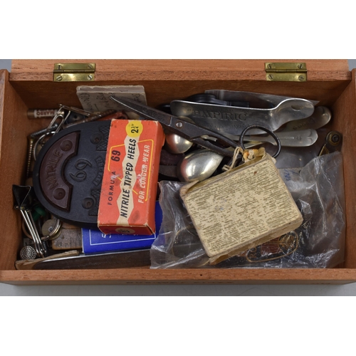 322 - A Vintage Wooden Box Containing a Selection of Vintage Items and Tools. Includes Scissors, Thimble, ... 