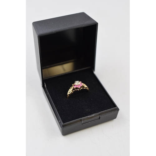 2 - Hallmarked London Gold 375 (9ct) Diamond and Ruby Stoned Floral Ring (Size K) Complete with Presenta... 