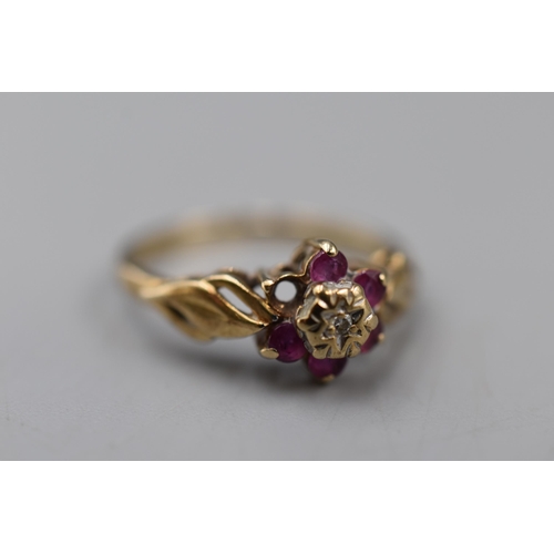 2 - Hallmarked London Gold 375 (9ct) Diamond and Ruby Stoned Floral Ring (Size K) Complete with Presenta... 