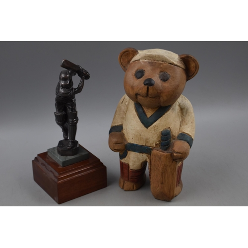 108 - Wooden Hand painted Bear Cricket Figure and a Bronzed Cricket Figure Standing on Wooden Plinth (Tall... 