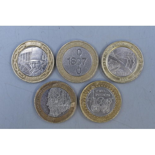 110 - A Selection of Five Collectable UK £2 Coins. Includes Charles Dickens, Brunel, WWI and More