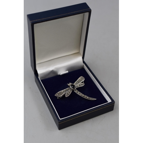 16 - Vintage Silver Marcasite Purple Stoned Dragonfly Brooch (unmarked) Complete with Case