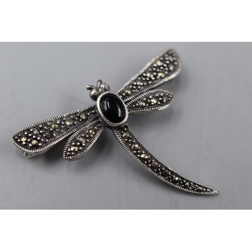 16 - Vintage Silver Marcasite Purple Stoned Dragonfly Brooch (unmarked) Complete with Case