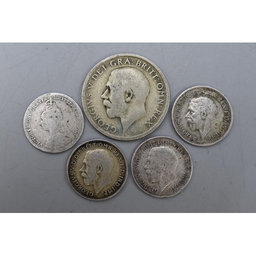 119 - Five UK Silver Coins. 1920 Shilling And Four Threepence Coins (1890, 1919, 1921 and 1936).