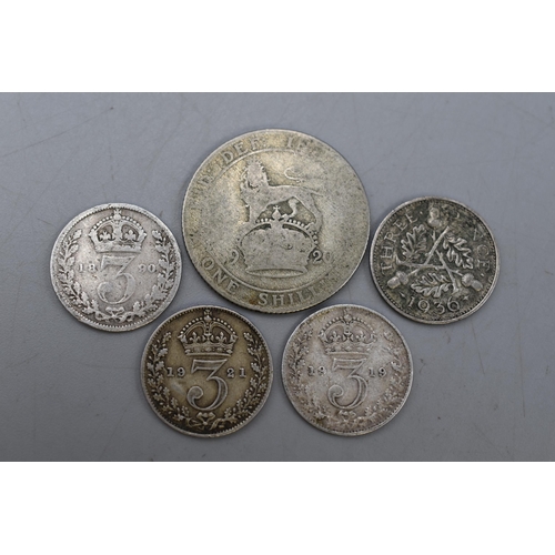 119 - Five UK Silver Coins. 1920 Shilling And Four Threepence Coins (1890, 1919, 1921 and 1936).