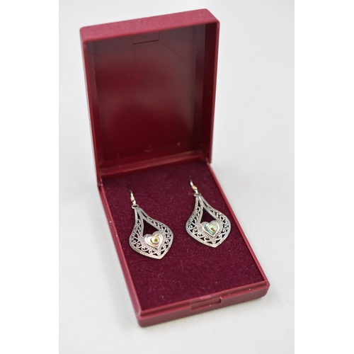 32 - A Pair of Silver Teardrop Earrings, With Loveheart Paua Shell Centre. In Presentation Box.