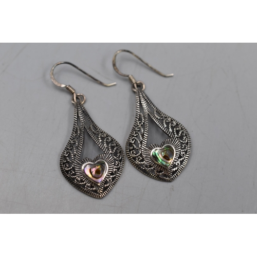 32 - A Pair of Silver Teardrop Earrings, With Loveheart Paua Shell Centre. In Presentation Box.