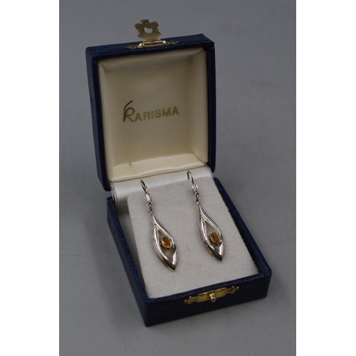 38 - Pair of Silver 925 Citrine Stoned Drop Earrings Complete with Presentation Box