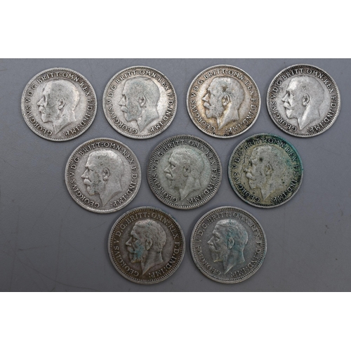 131 - Selection of Nine George V Silver Three Pence Coins. 1915, 1916, 1917, 1918, 1919, 1920, 1933, 1935 ... 