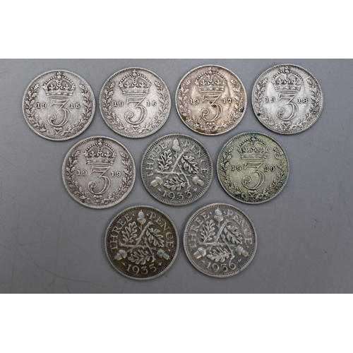 131 - Selection of Nine George V Silver Three Pence Coins. 1915, 1916, 1917, 1918, 1919, 1920, 1933, 1935 ... 