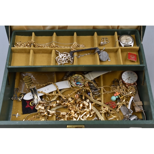 40 - Jewellery Box Containing a Selection of Jewellery Including Watches, Watch Head, Badges, and more