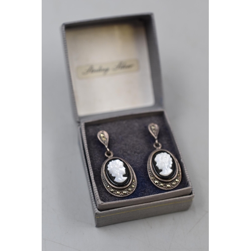 46 - Pair of Vintage Black Cameo and Marcasite Earrings Complete with Presentation Box