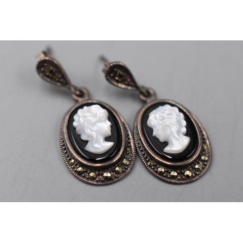 46 - Pair of Vintage Black Cameo and Marcasite Earrings Complete with Presentation Box